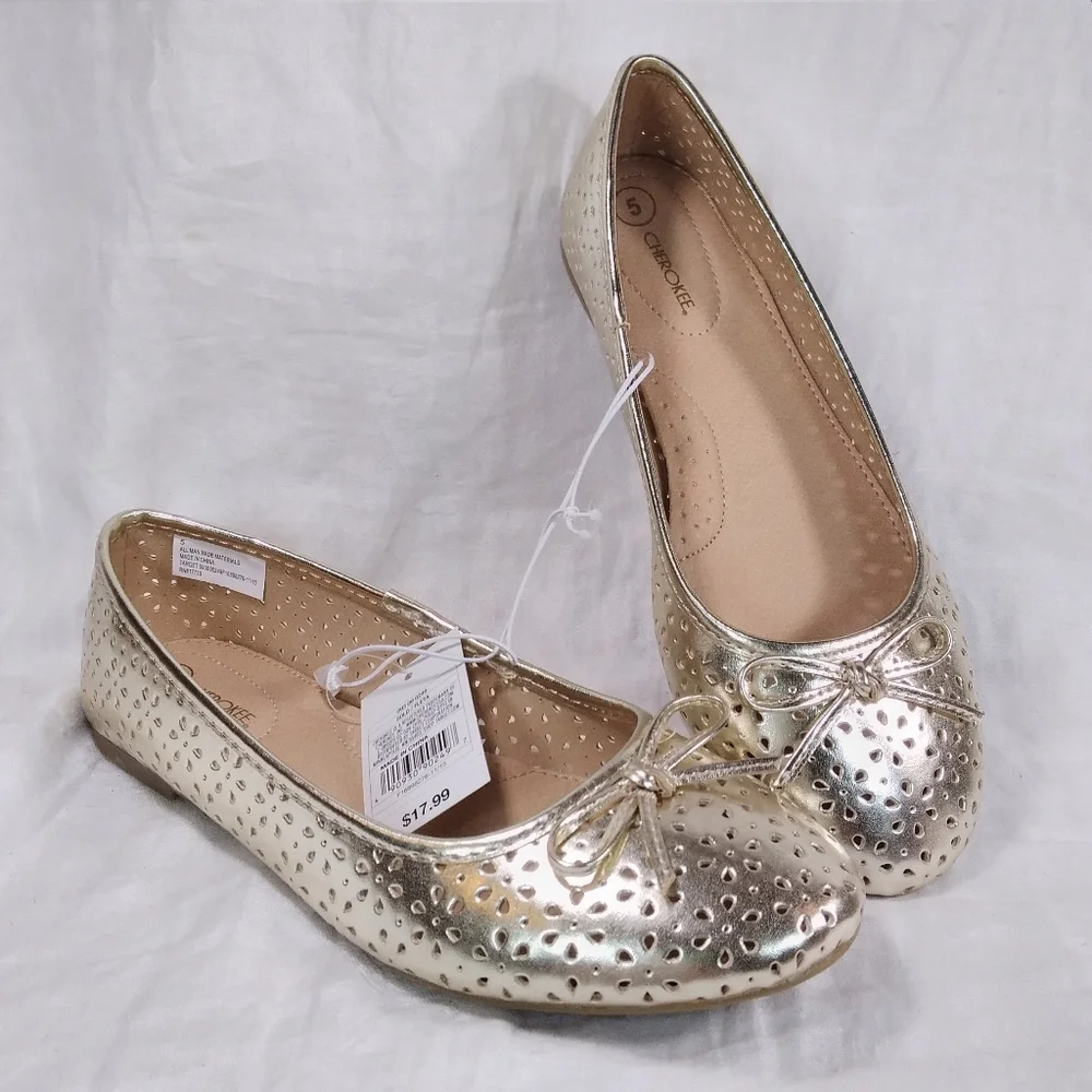 Cherokee Fleta Gold Ballet Flat SHOES Girls Youth Size 5 Floral Cut Outs NIB NWT